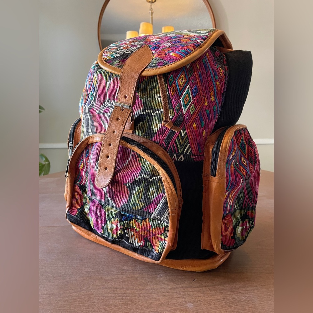 Vintage Guatemalan Leather Embroidered Backpack
